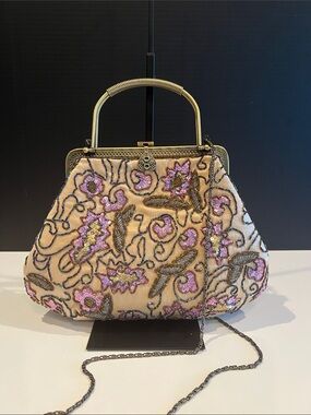 Beaded Soft Gold Floral Evening Clutch with Gold Frame